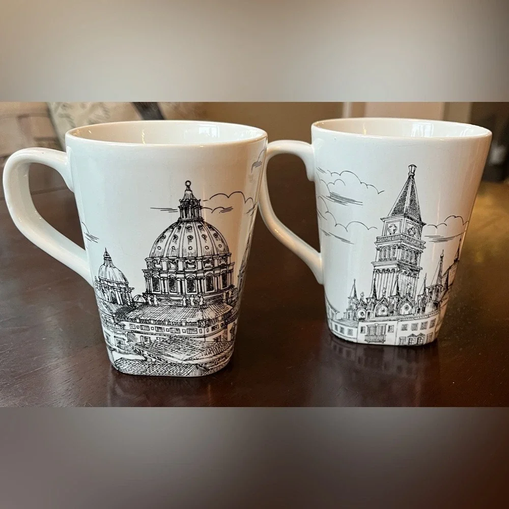 Set Of 2 222 Fifth PTS City Scenes Venice and Rome Mug Cup Black And White